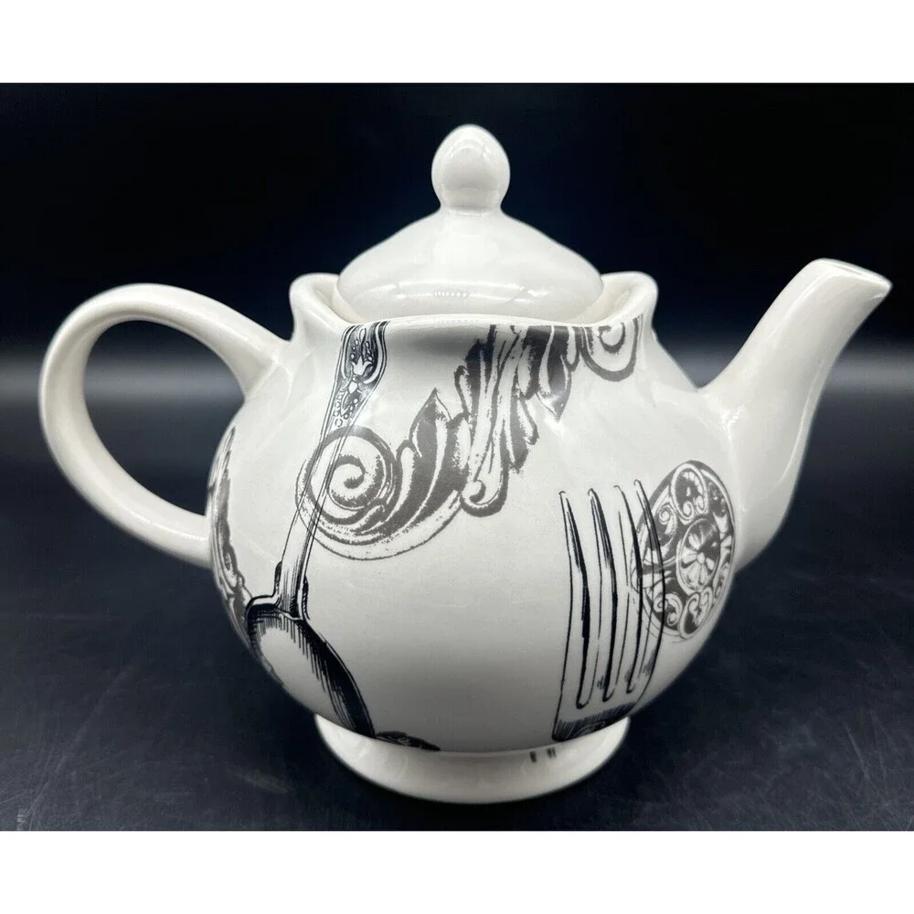 Magenta Exclusives White w/ Black Fork Spoon Knife Graphics Ceramic‎ Teapot 80oz